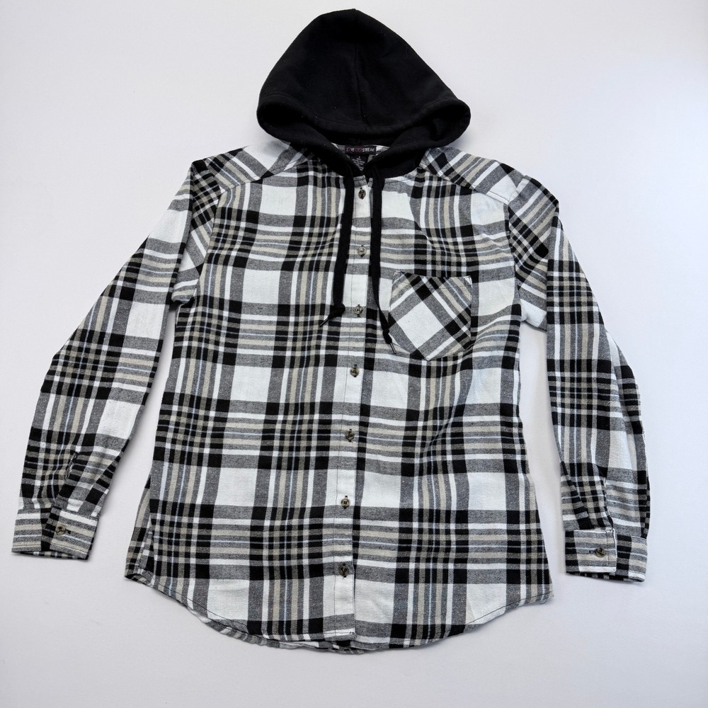 Love Streak Womens Small Hooded Flannel Shirt Plaid Button Up Black White Grey